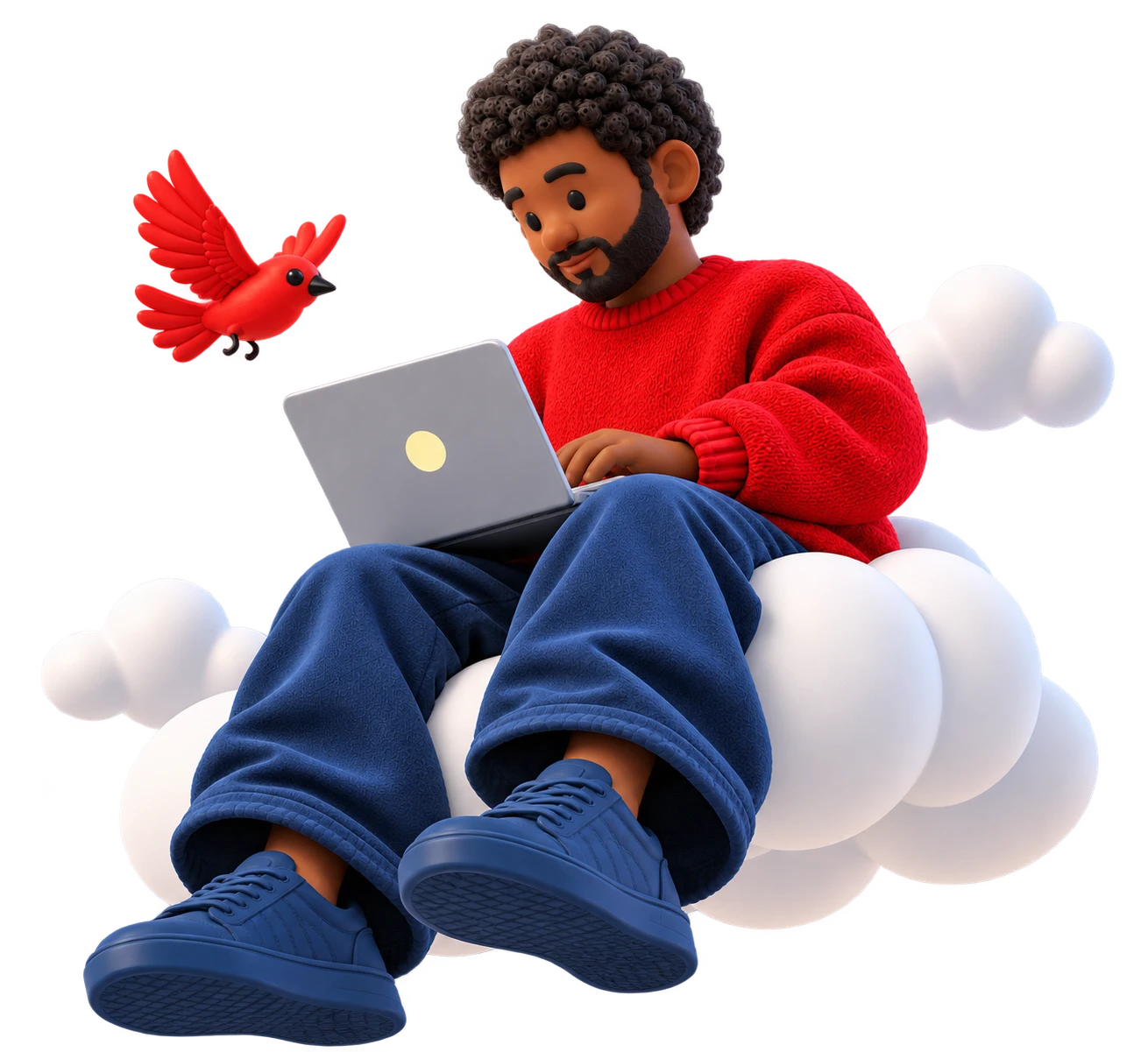 Card Software character working on a laptop on a cloud, with the red bird