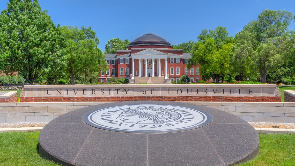 Grawemeyer Hall and the University of Louisville seal on campus